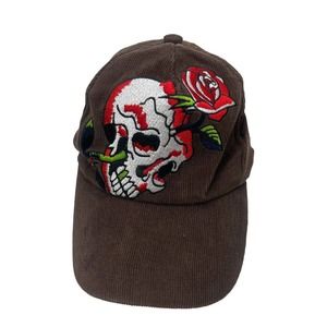 Corduroy Hat Cap Skull Rose Brown Red Adjustable Strapback Embroidered